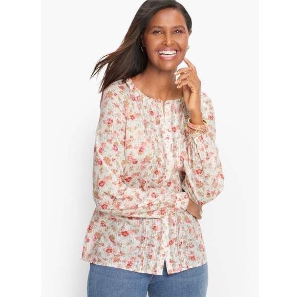 Talbots Petite Ruffle Pintuck Blouse MP White Pink Floral Cotton Cottagecore - Picture 1 of 10